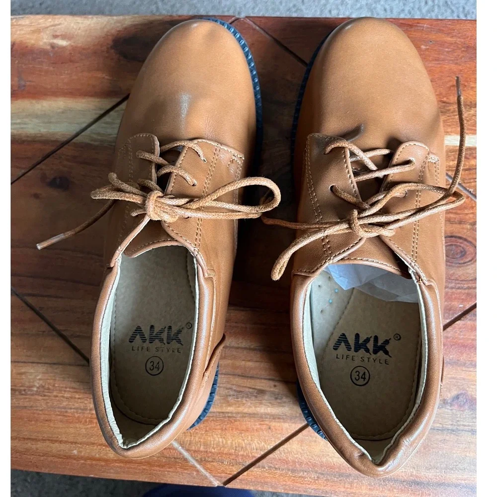 AKK Life‎ Style Boys Tan Brown Lace Up Oxford Dress Shoes Size 34 EU US 3